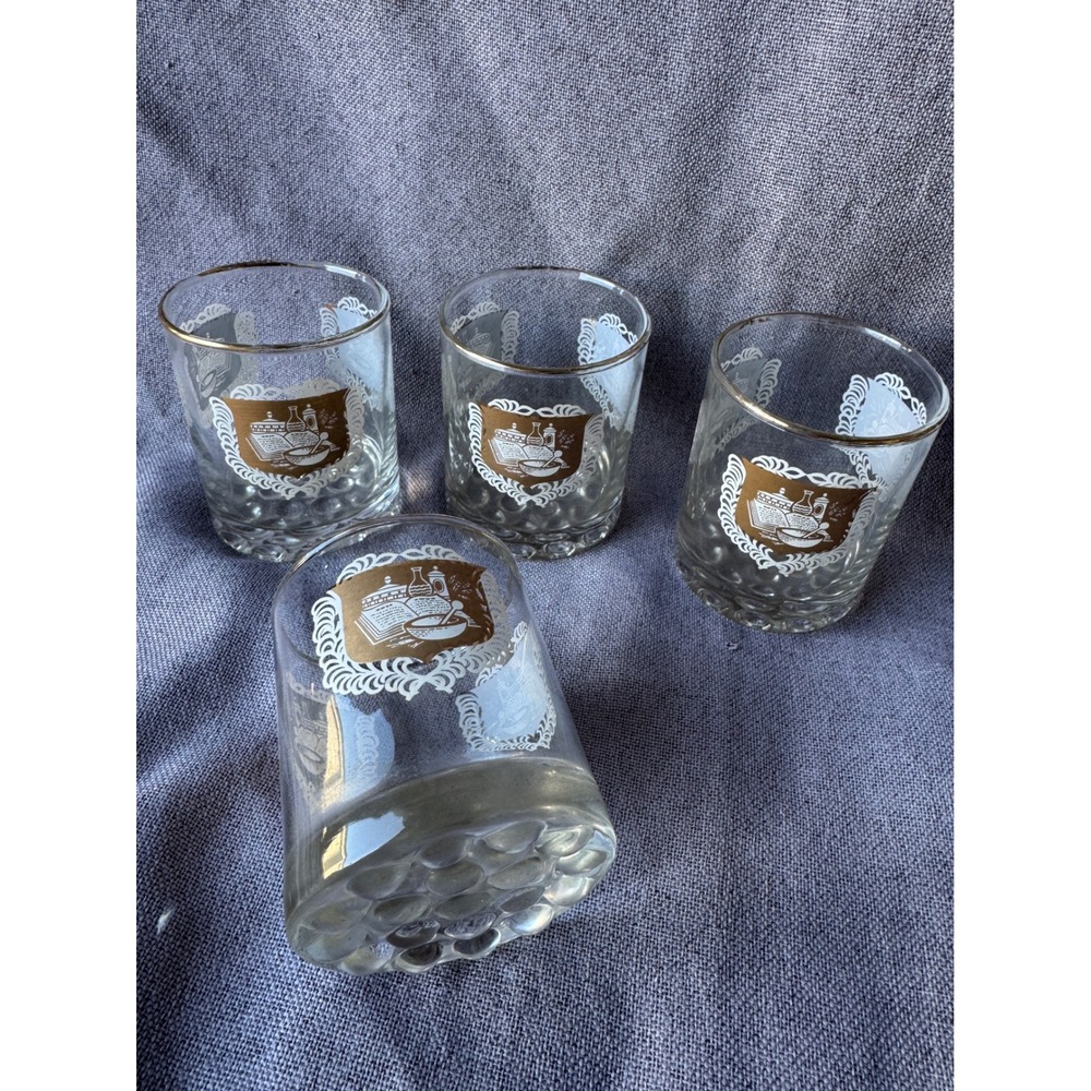 Vintage Apothecary Medical Crest Lowball Whiskey Glasses Bubble Base Set of 4